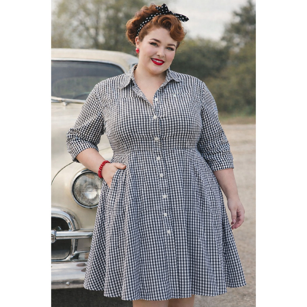 Step in Style shirt dress gingham white/black office church Sz 22/24 Rockabilly